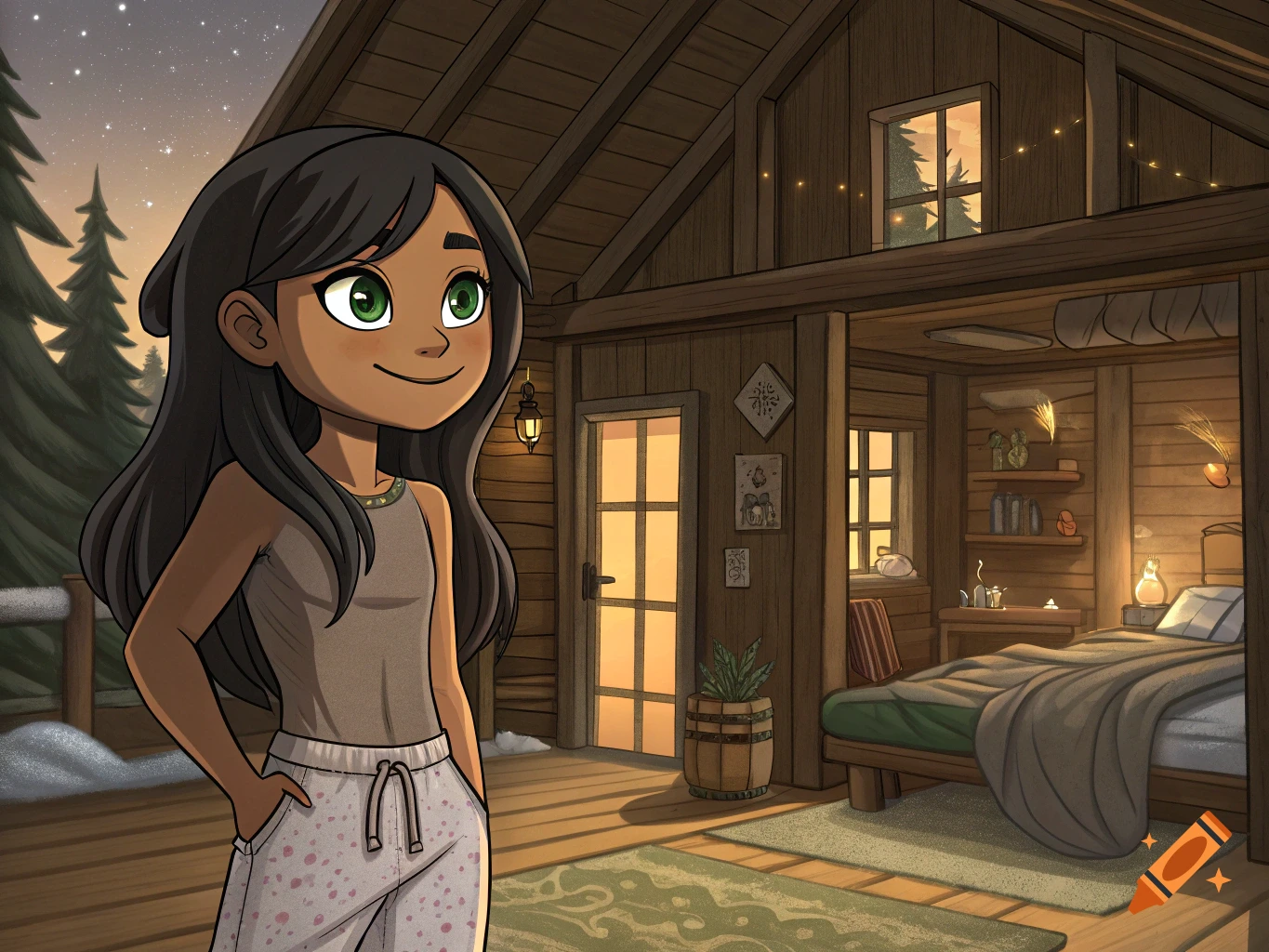 A cartoon girl in pajamas stands outside a rustic cabin at dusk.