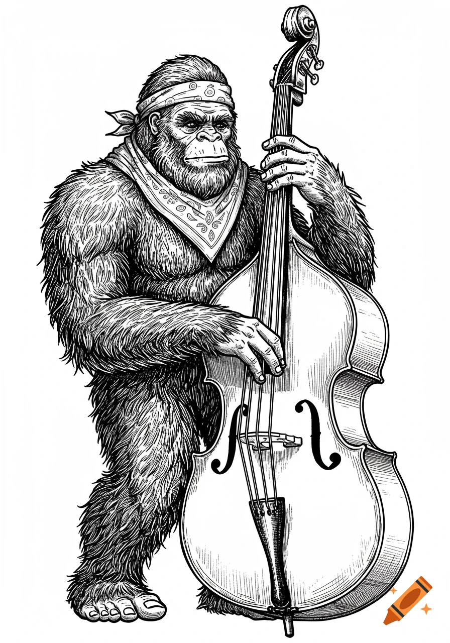 Black and white line drawing of Bigfoot wearing a bandana and playing an upright bass.