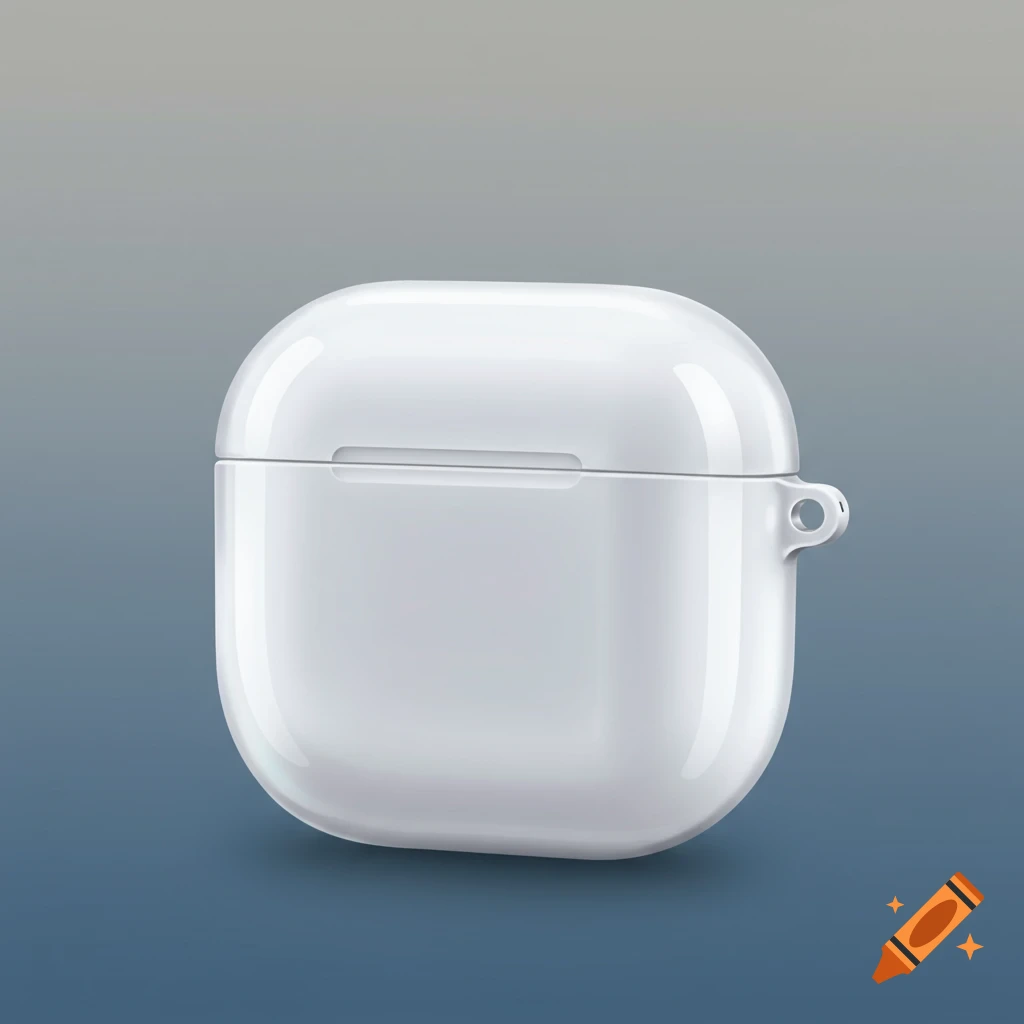 A white AirPods case on a grey and blue gradient background.
