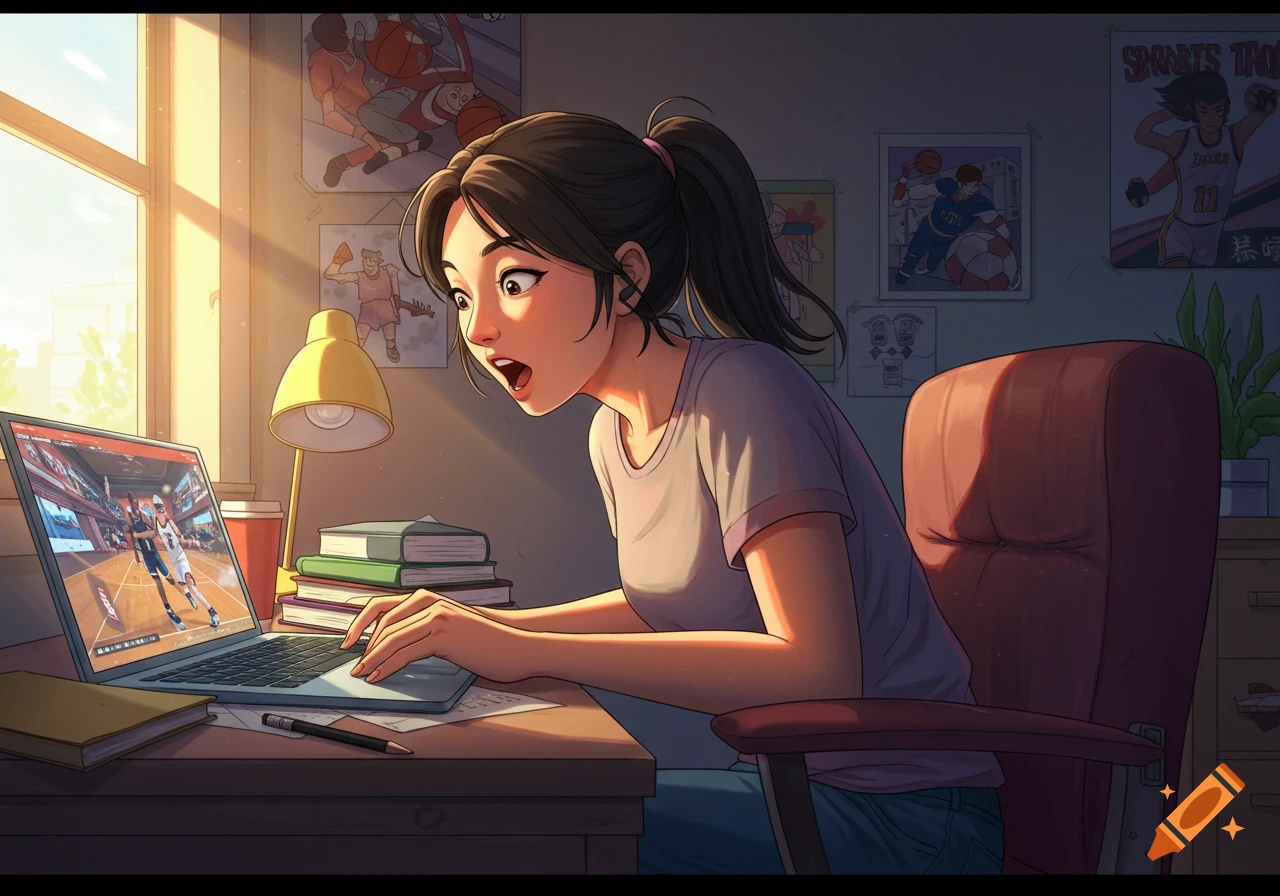 Anime illustration of a student watching a basketball game on a laptop.