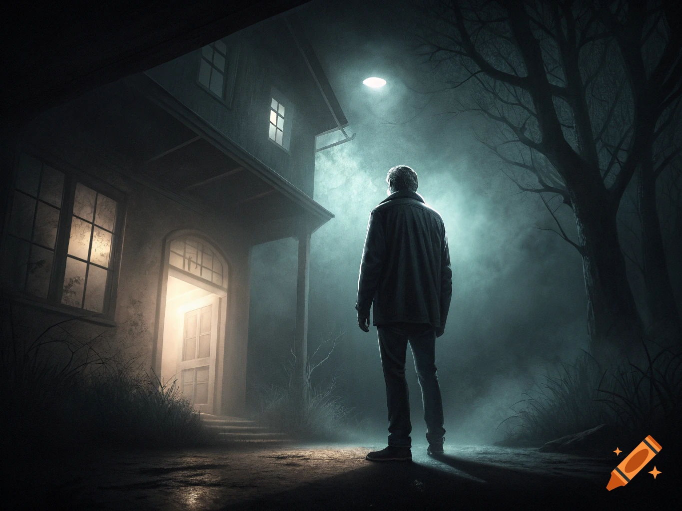 A person stands outside a dark, lit-up house at night in a foggy, eerie atmosphere.