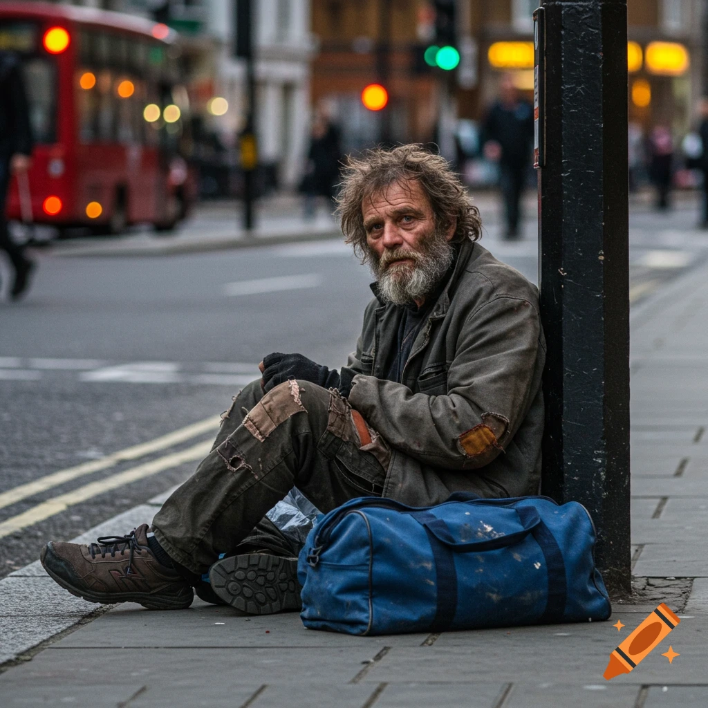 A disheveled man sits on a city sidewalk next to a blue bag, with a blurred street and bus in the background.