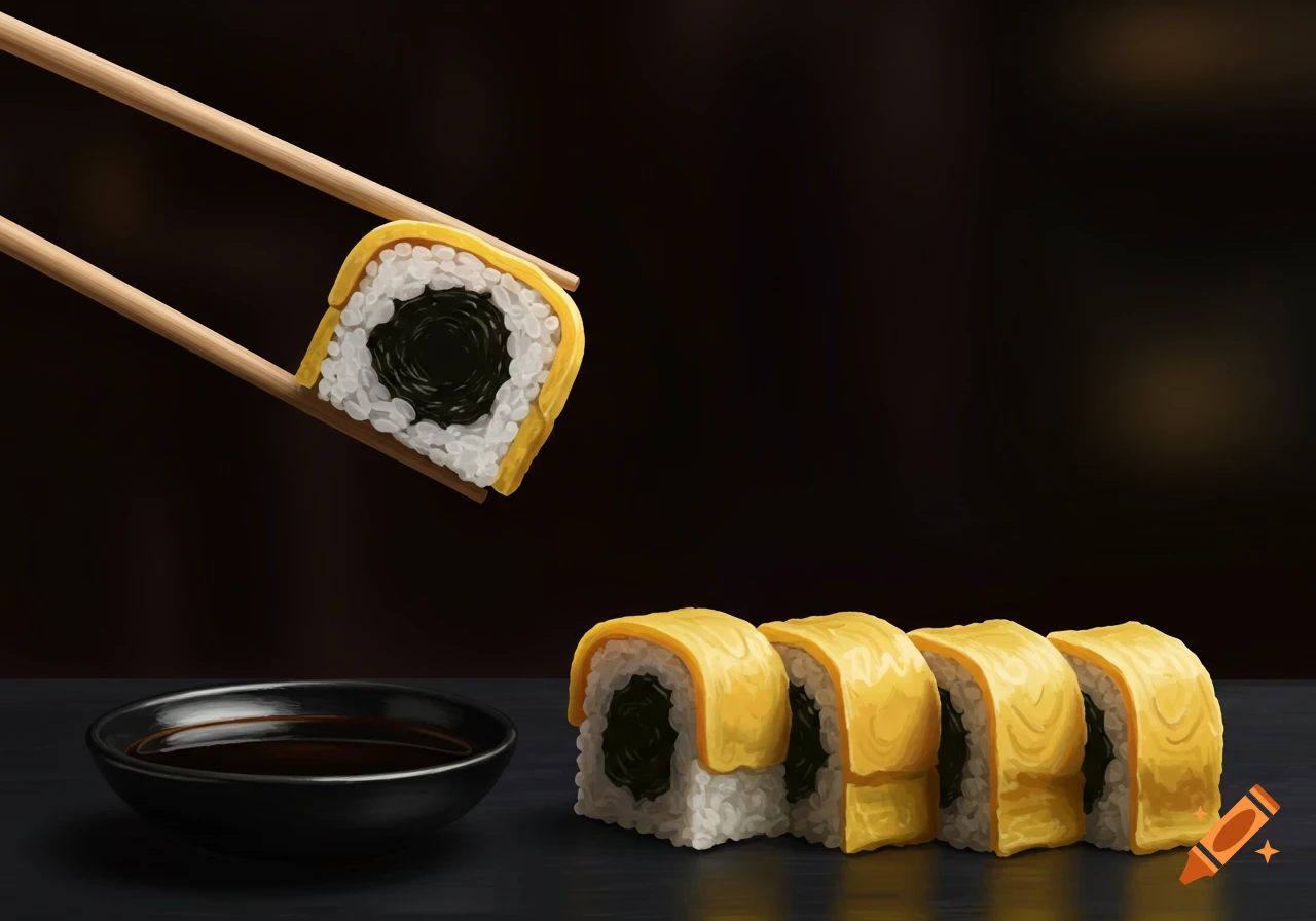 Chopsticks hold a piece of sushi over soy sauce, with more sushi rolls on a dark table.