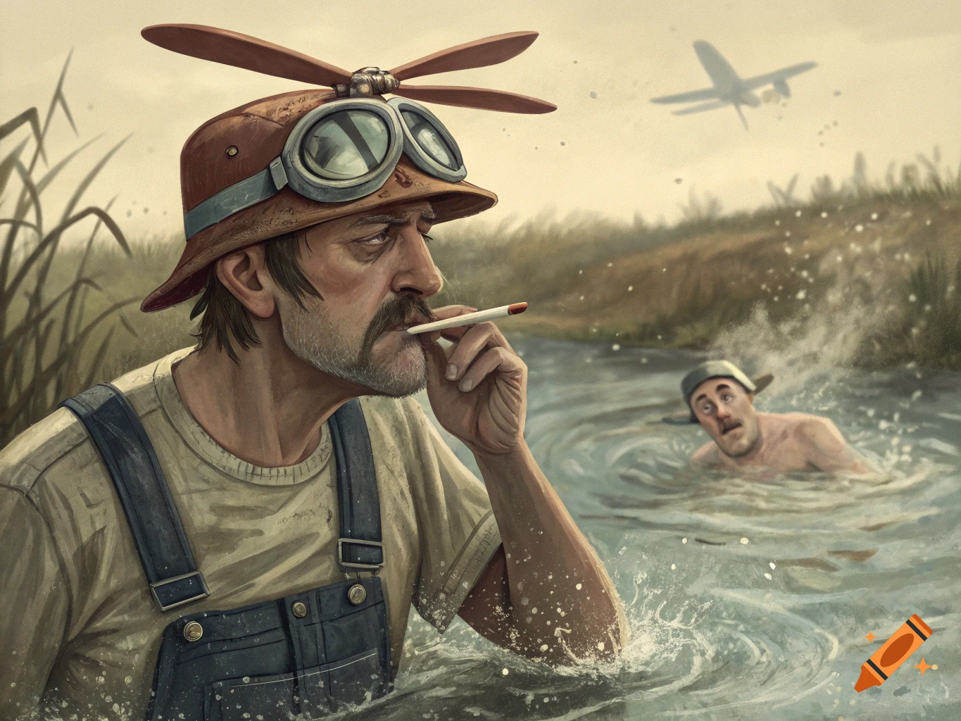 Stylized illustration of a man in overalls and propeller hat smoking a cigarette in water, another man swims behind him.