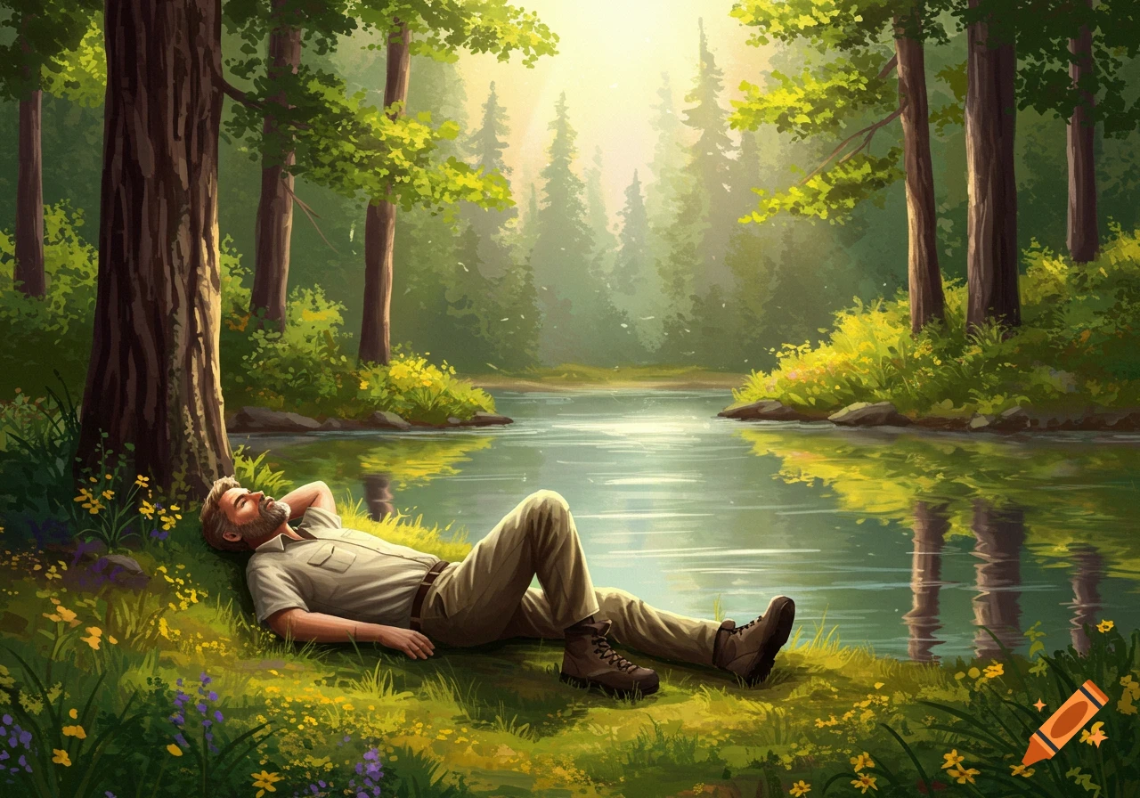 A man lies resting by a river in a sunny forest, painterly style. on ...
