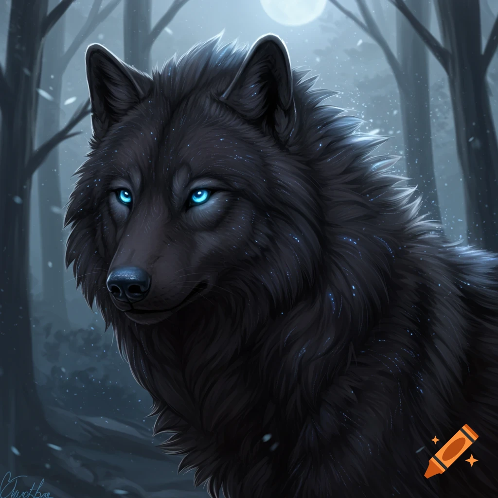 Illustration of a black wolf with bright blue eyes in a snowy forest at night.