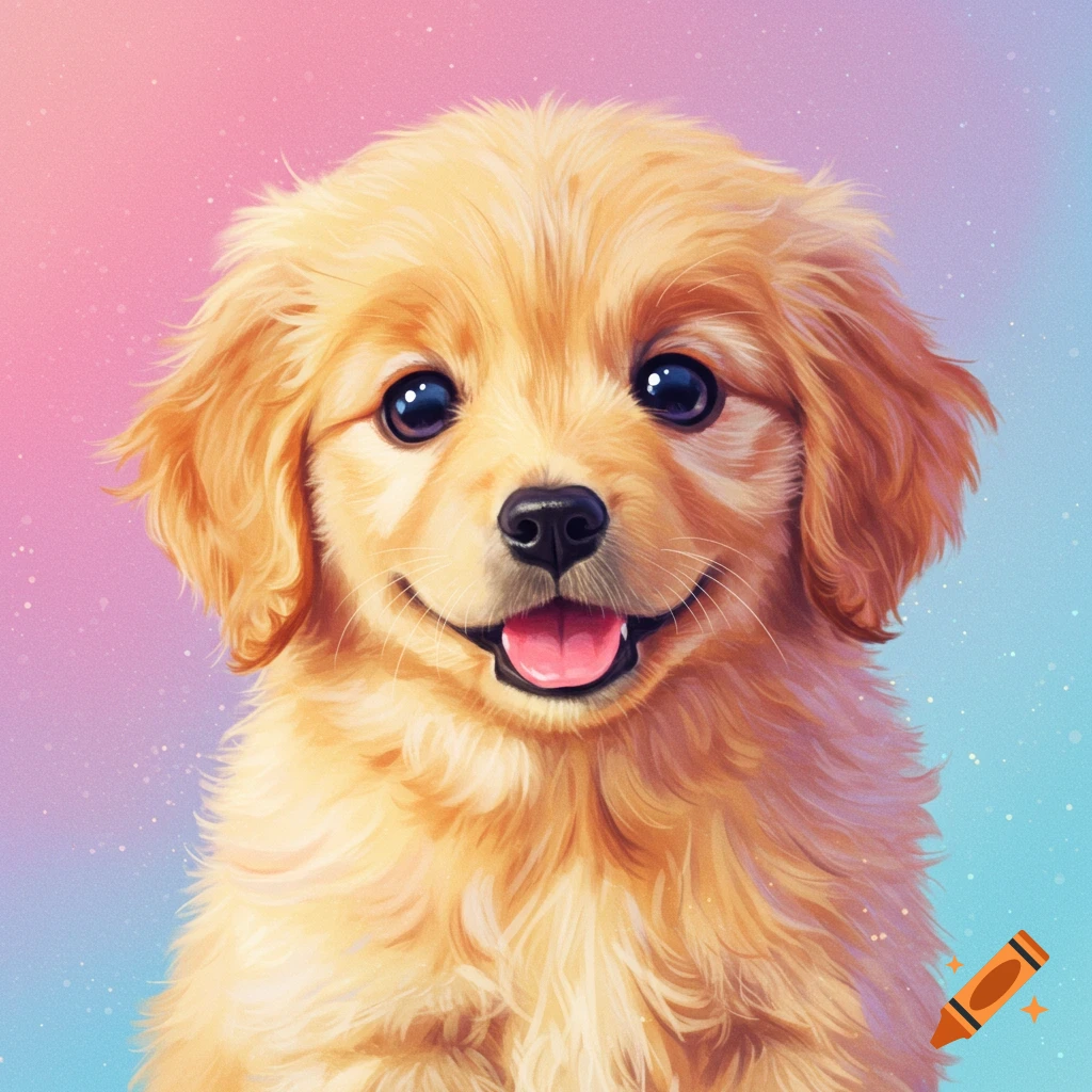 A cute golden retriever puppy portrait in a digital art style with a pink and blue background.