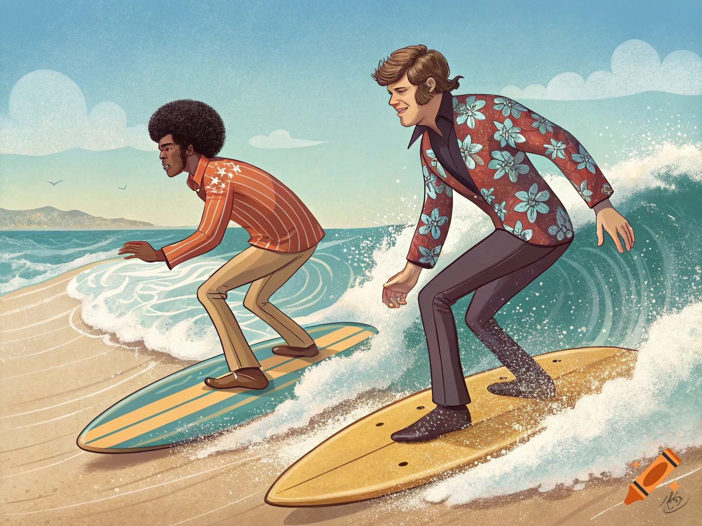 Illustration of two men in 60s style surfing towards the beach.