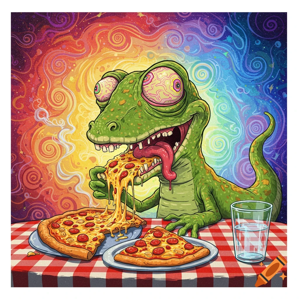 Cartoon lizard with wide eyes eating a slice of pizza with dripping cheese on a checkered tablecloth, against a psychedelic background.