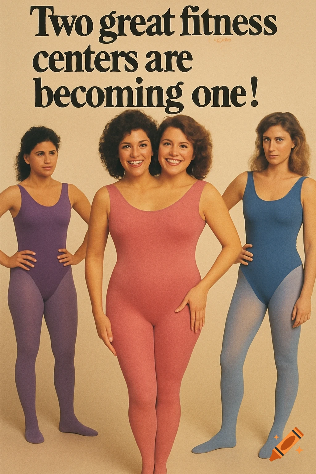 Three women in leotards and tights, with a two-headed woman illusion in the center, under the text 'Two great fitness centers are becoming one!'