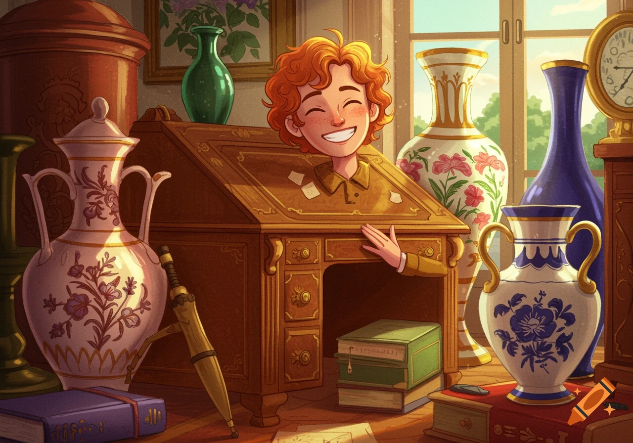 A person with curly red hair smiling inside an antique desk surrounded by vases and books.