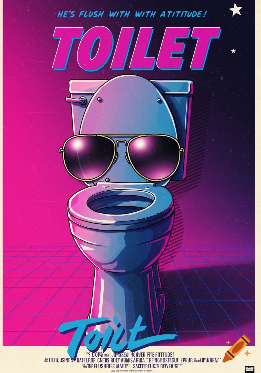 A retro 80s style movie poster features a toilet wearing sunglasses against a neon pink and blue background.