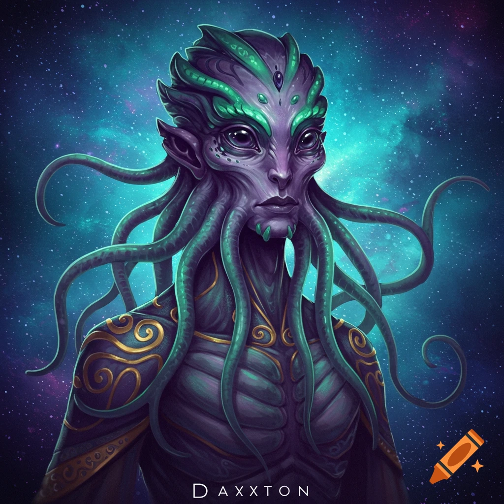 Portrait of a purple and green tentacled alien against a starry galaxy background.