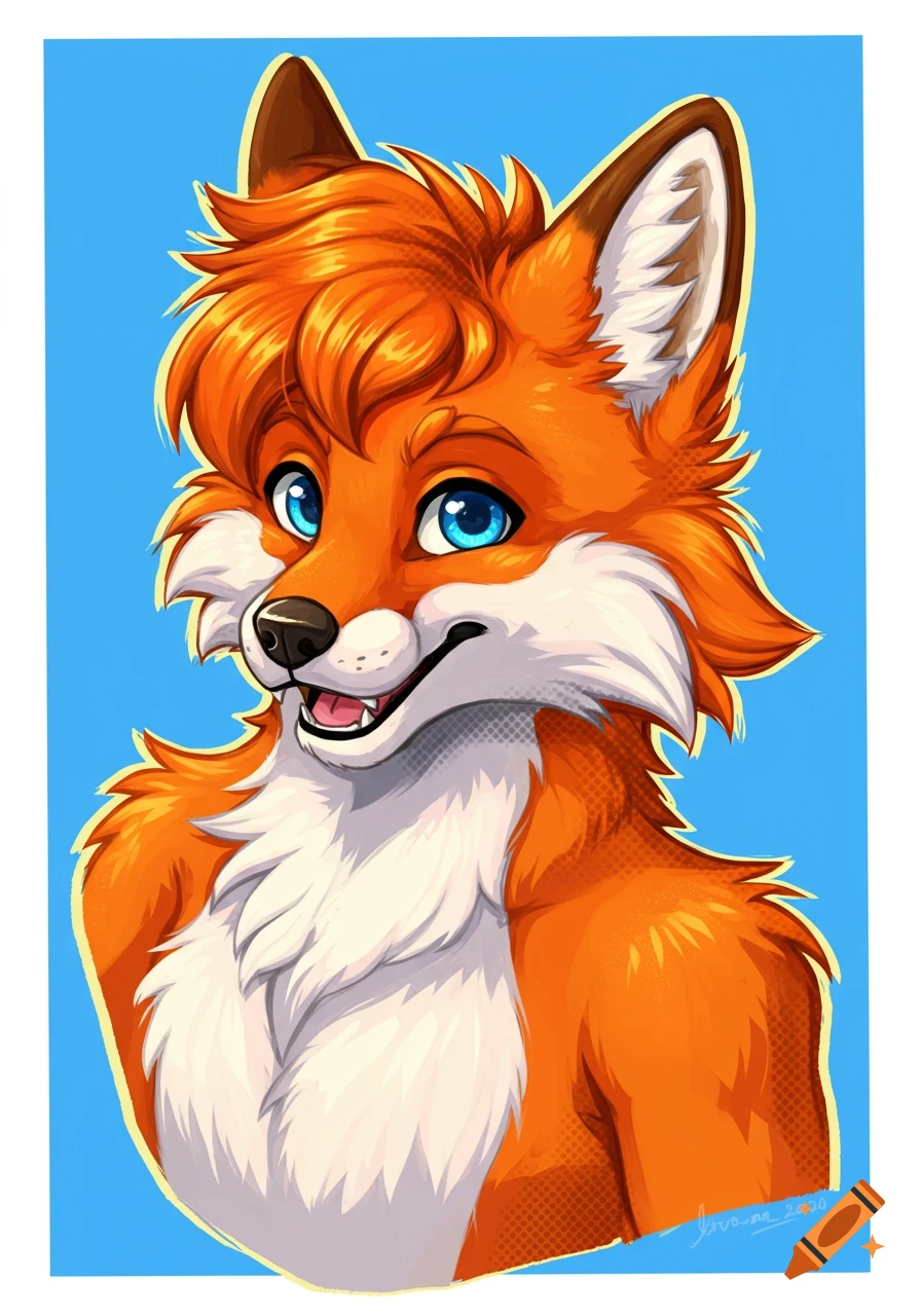 Illustration of an anthropomorphic fox with blue eyes smiling against a blue background.