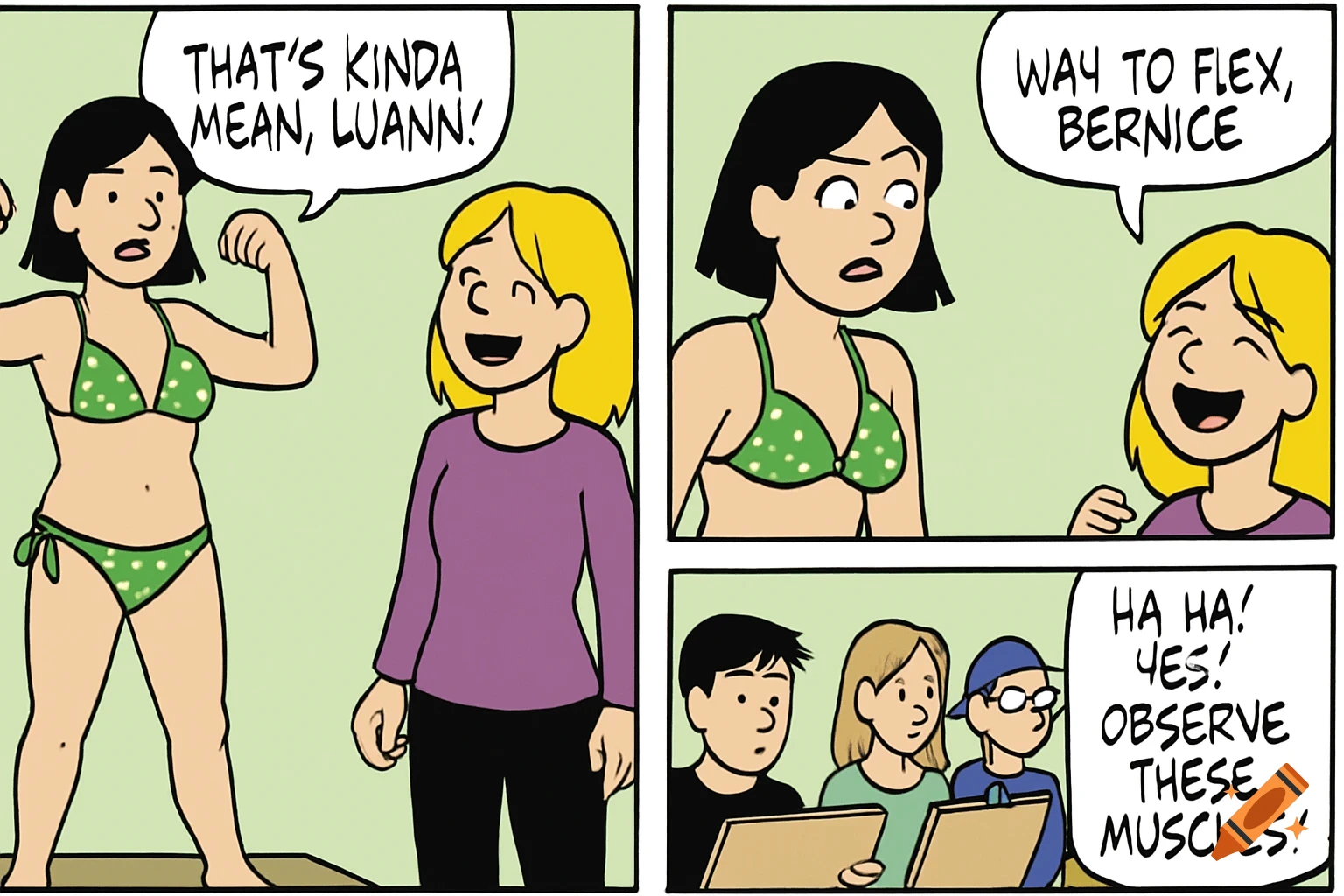 Comic strip of a girl in a green bikini flexing her muscles.