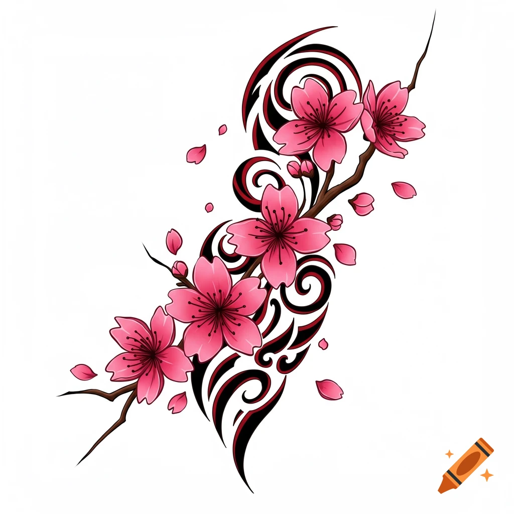 Stylized tattoo design of pink cherry blossoms on a branch with black and red swirl elements.