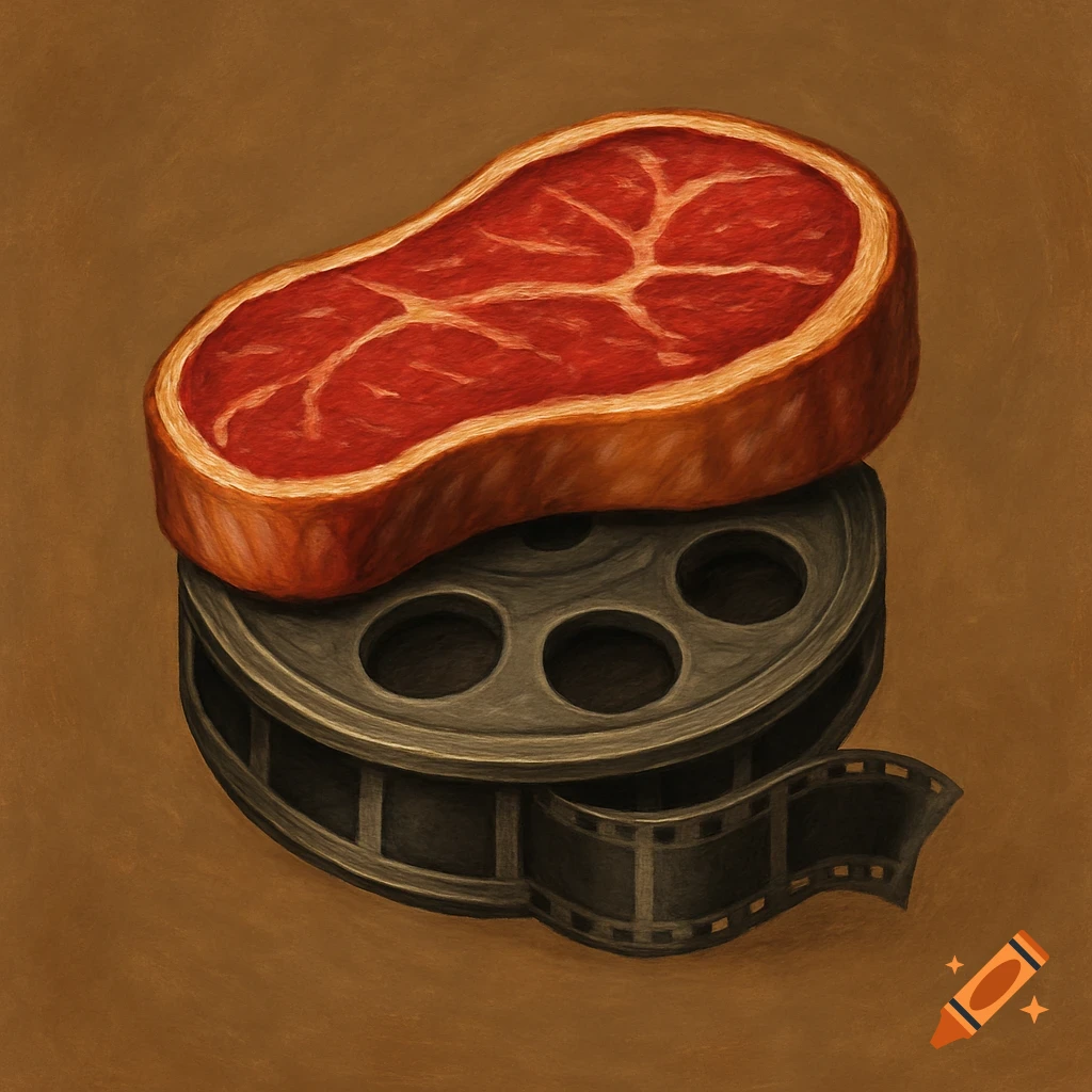 A steak rests on a movie reel in an illustration.