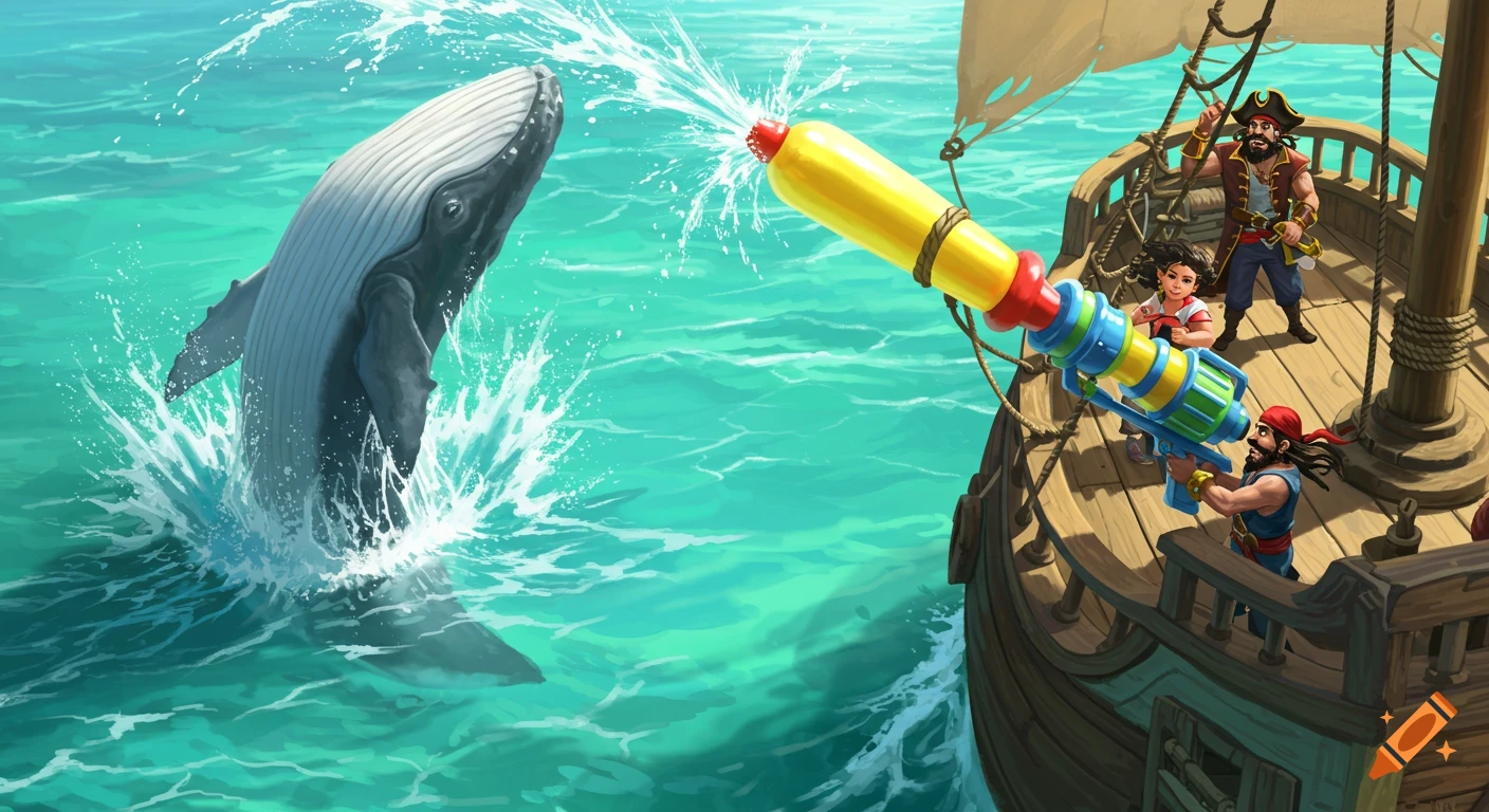 Pirates on a ship spray a giant water gun at a whale jumping from the ocean.