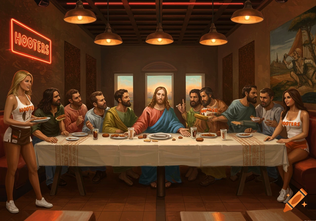 Painting of Jesus and disciples having The Last Supper at a Hooters restaurant with waitresses.