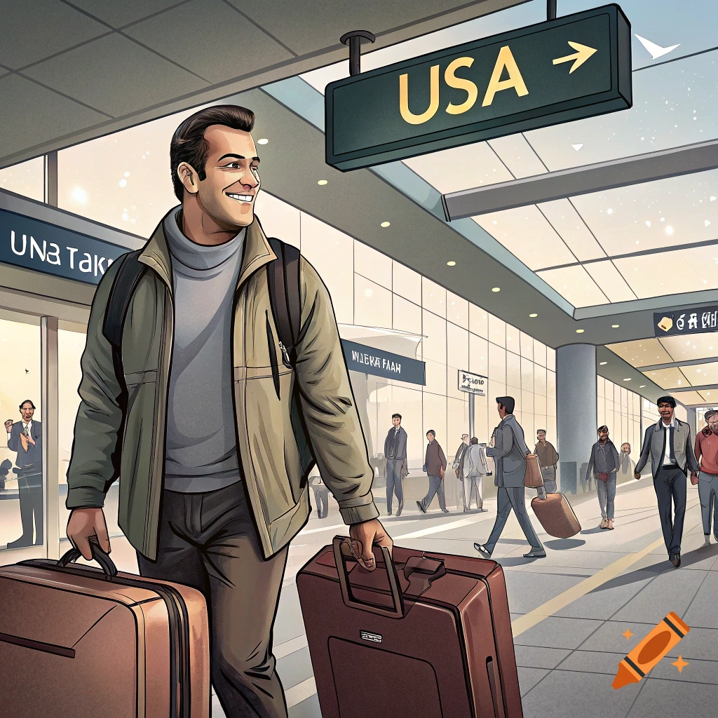 A man smiles while pulling luggage in an airport under a sign for USA.