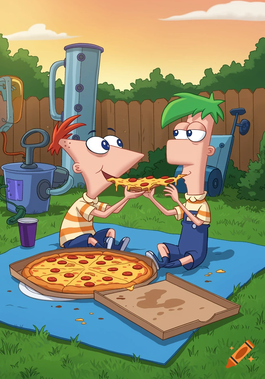 Phineas and Ferb eating a slice of pizza together from a pie on a picnic blanket in the backyard.