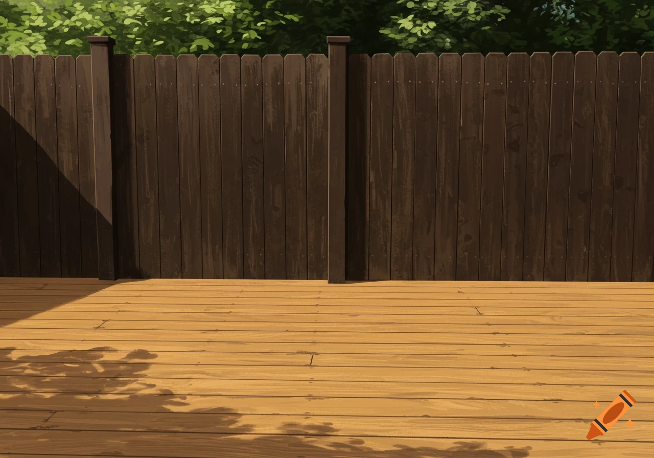 An illustration of a wooden deck and fence with green trees in the background.