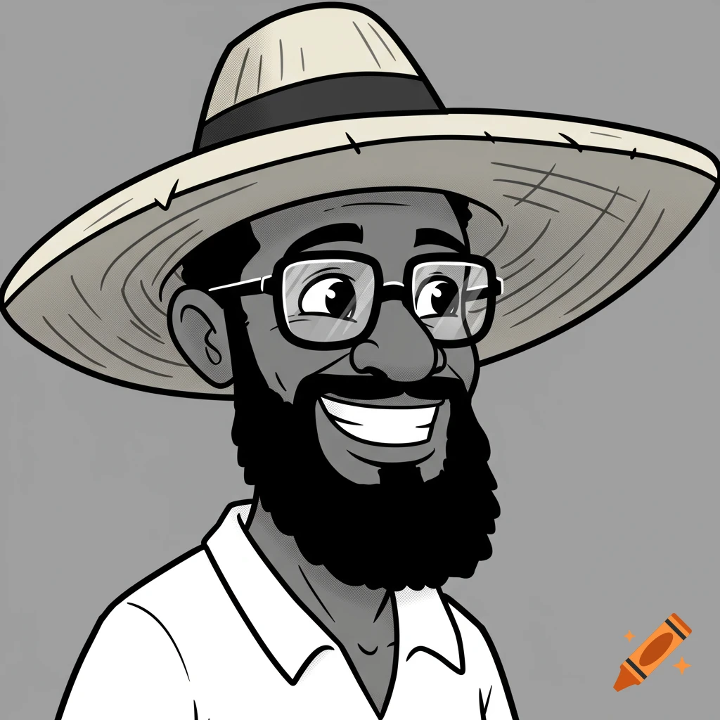 Black and white cartoon portrait of a smiling man with a beard, glasses, and a wide-brimmed hat.