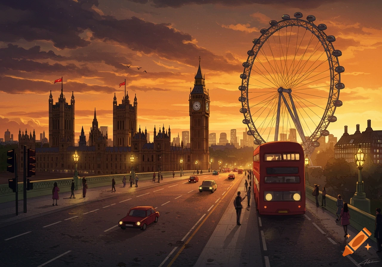 Illustrated cityscape of London at sunset with Big Ben, London Eye, and double-decker bus.