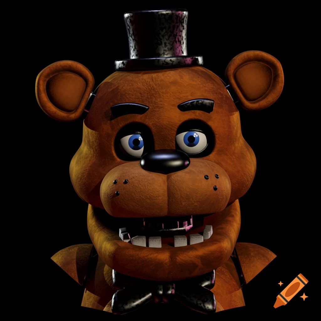 3D render portrait of Freddy Fazbear, a brown animatronic bear with a top hat and bow tie.