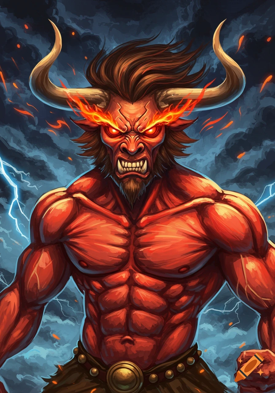 Angry red monster with horns and glowing eyes, surrounded by fire and lightning.