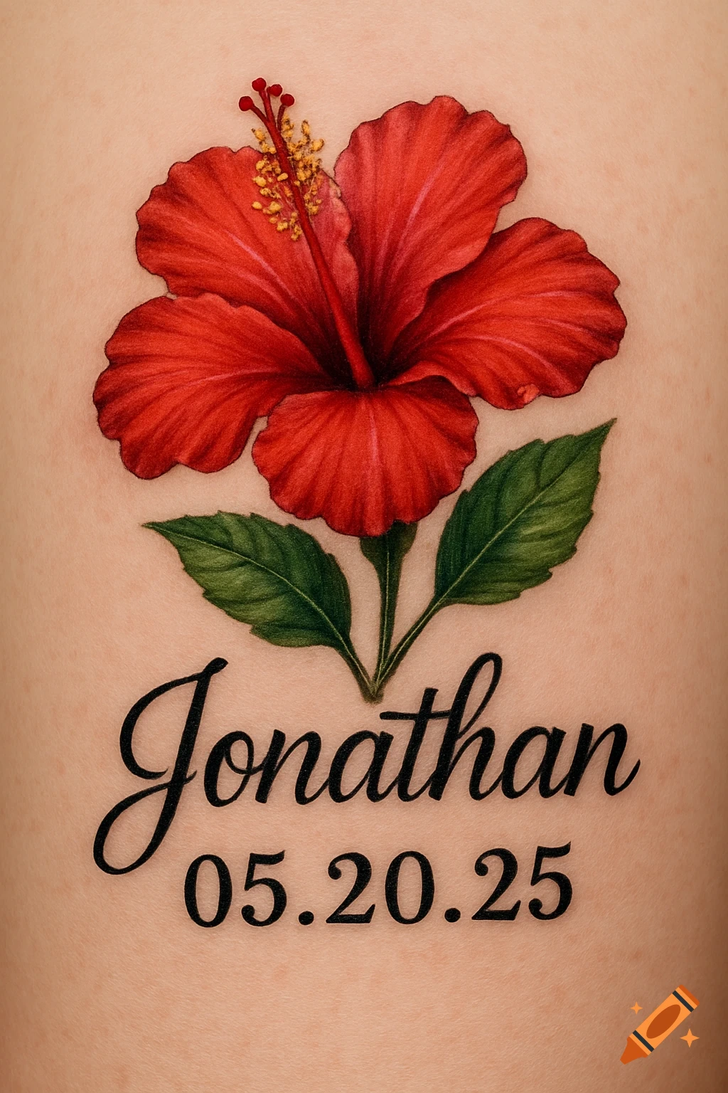 Realistic tattoo of a red hibiscus flower above the name Jonathan and date 05.20.25 on skin.