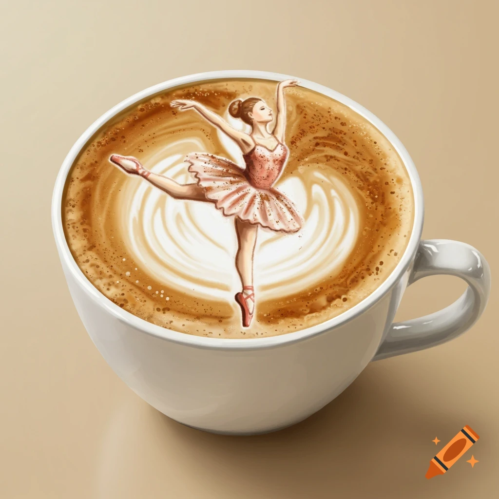 Latte art illustration of a ballerina dancing in a white coffee cup.