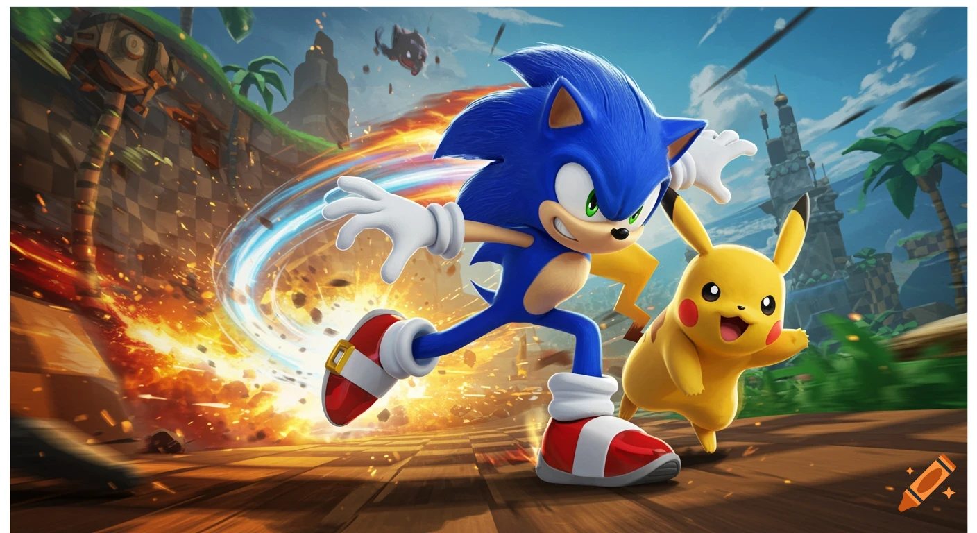 Sonic and Pikachu run through an explosion on a checkered track in a dramatic crossover image.
