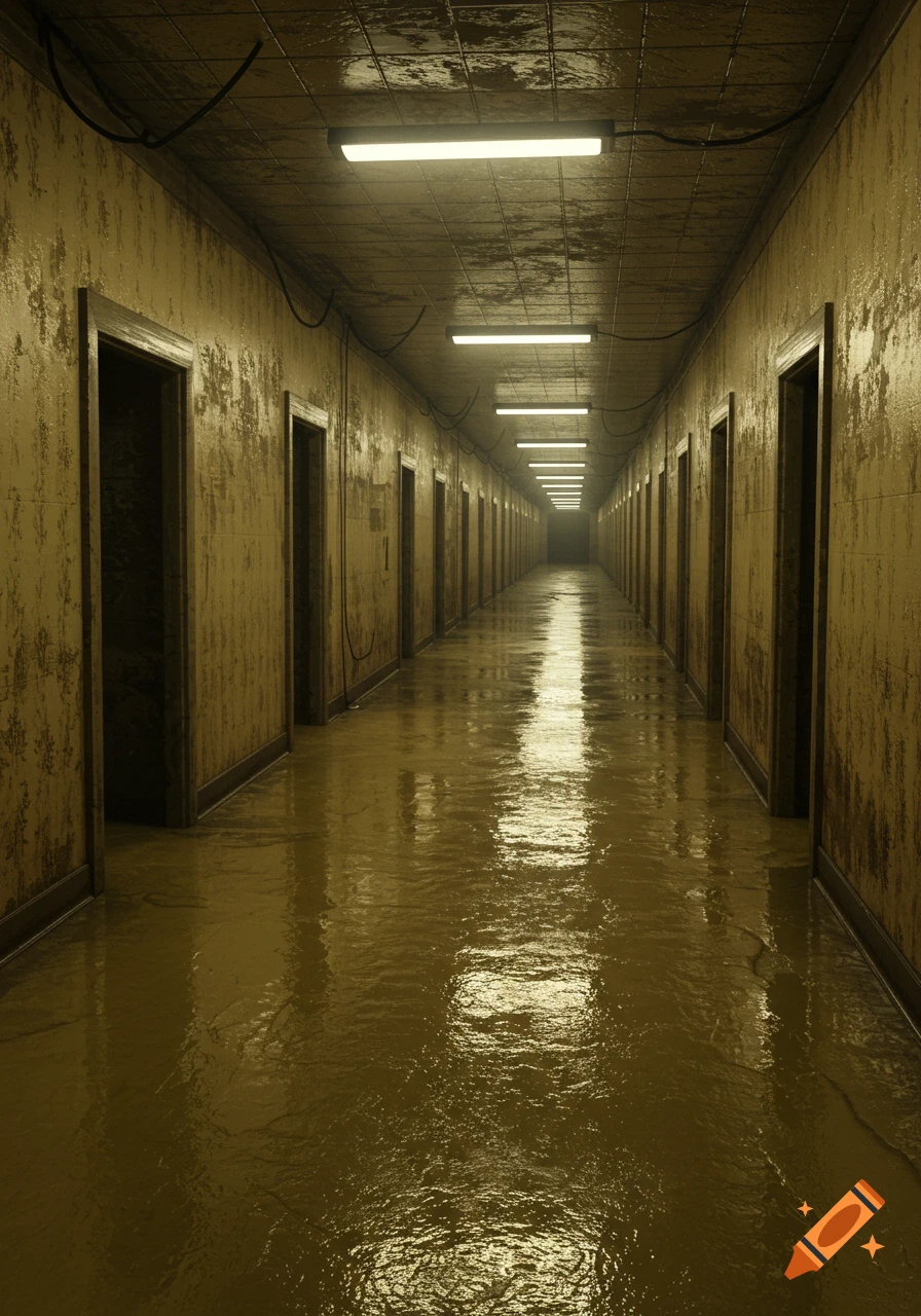 A long, dimly lit, wet corridor with many doors stretching into the distance, in the style of The Backrooms.