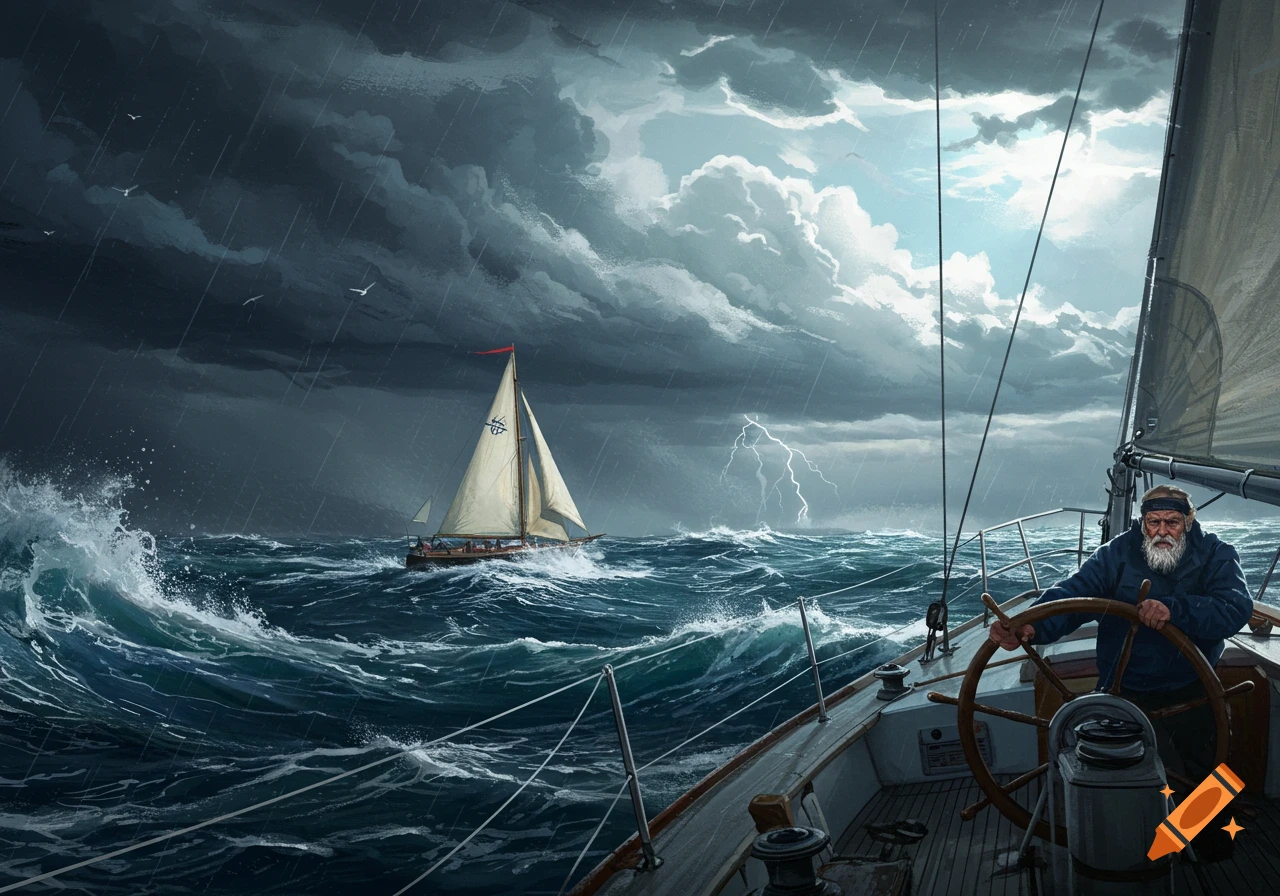 Illustrative painting of a sailboat navigating a stormy sea, with a man steering another boat in the foreground.