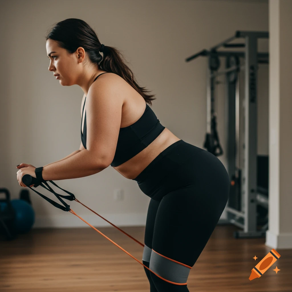 Woman exercising with resistance band in a gym