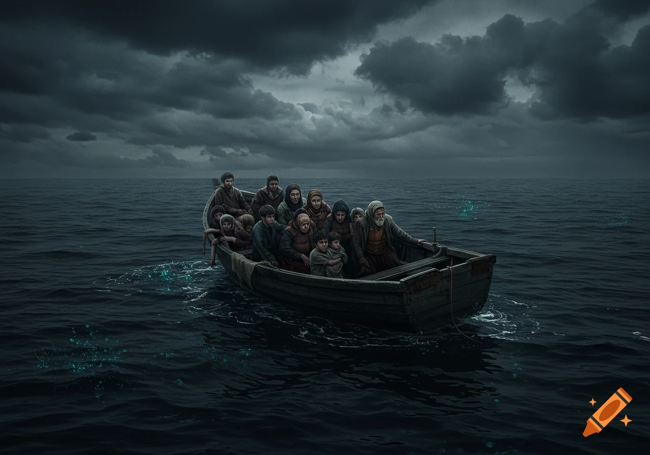 A crowded makeshift boat floats on dark, choppy sea under a stormy sky.