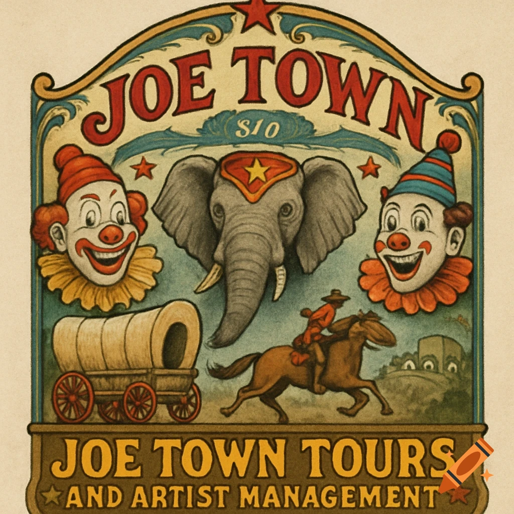 Vintage circus style logo with clowns, elephant, wagon, and horse rider. Text reads 'Joe Town Tours and Artist Management'.
