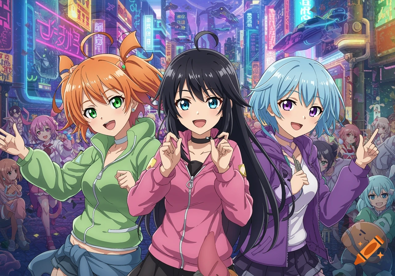Three anime girls pose in front of a cyberpunk city street filled with glowing signs and a crowd.