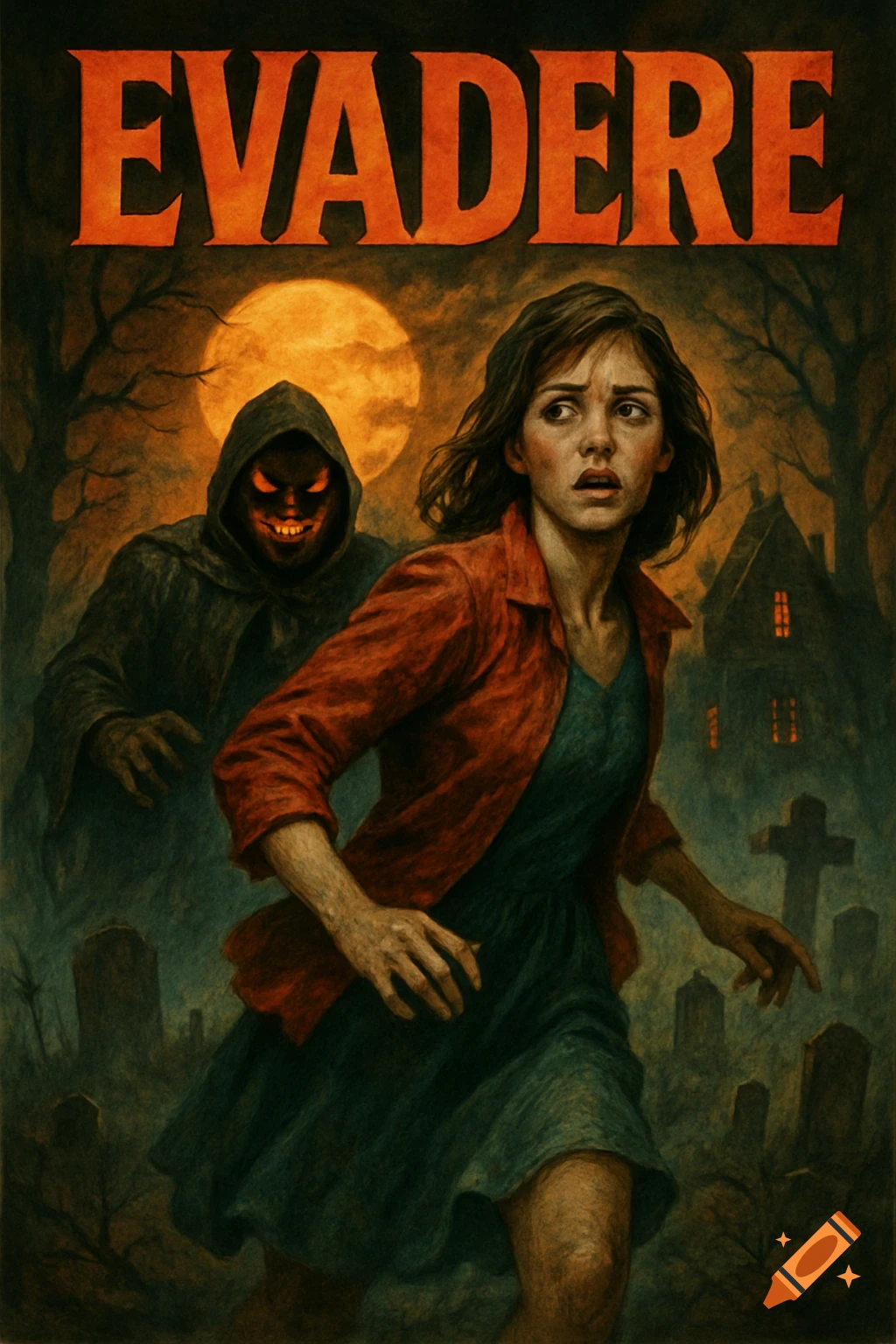 Painted movie poster titled "EVADERE" showing a person running from a hooded figure in a graveyard under a full moon.