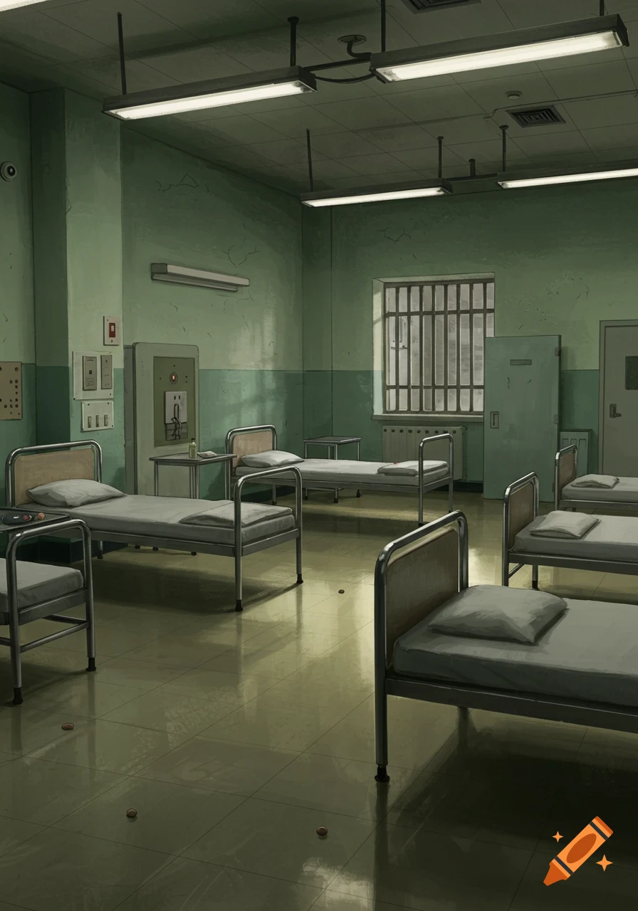 An empty room with beds, resembling a hospital or psychiatric ward. on ...