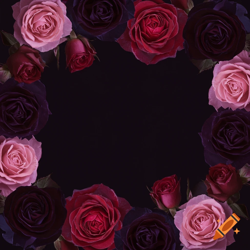 A border of pink, red, and dark purple roses on a dark background.