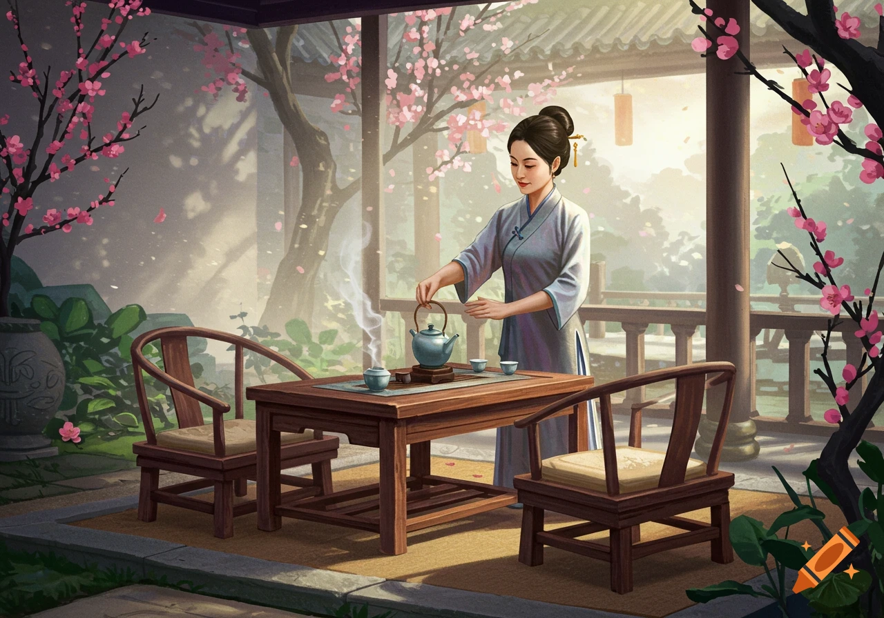 A woman performs a tea ceremony in a traditional Chinese patio setting with cherry blossoms.