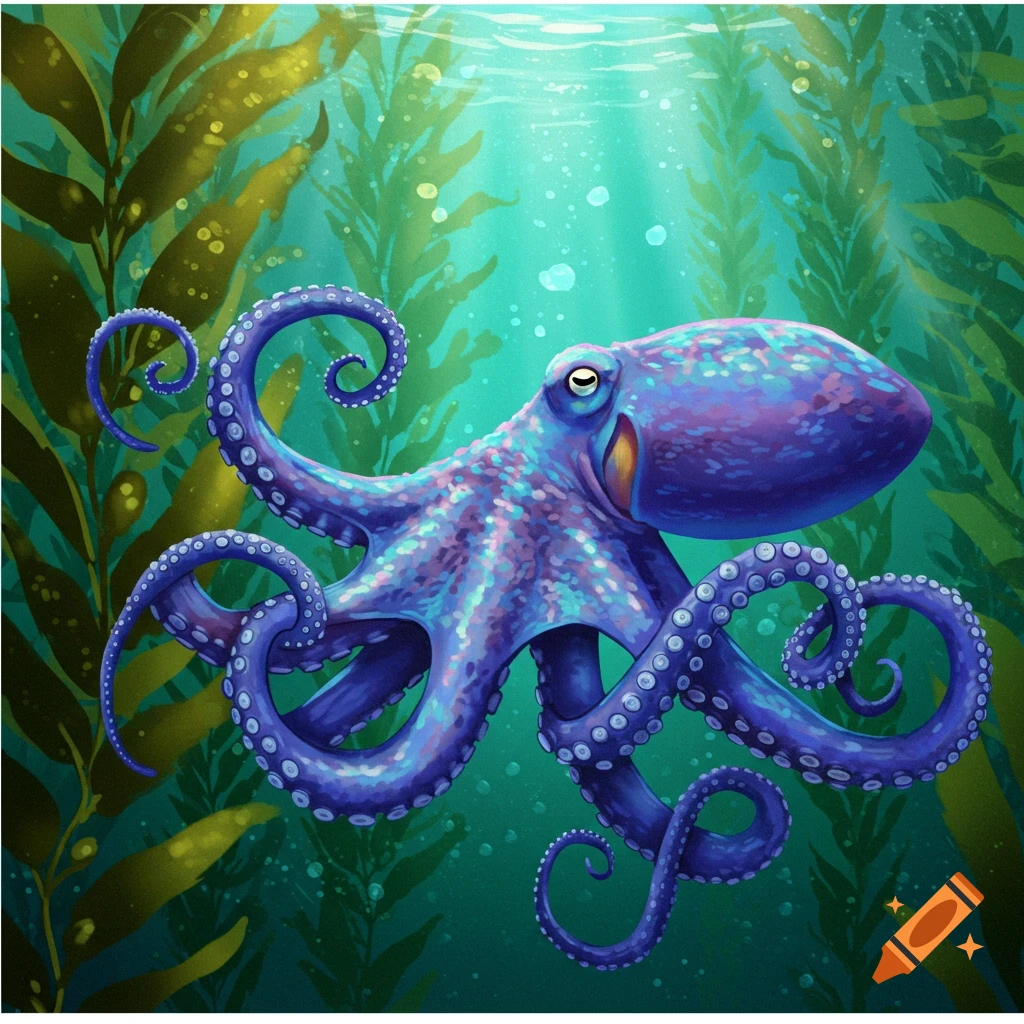 Illustration of a purple octopus swimming among green kelp underwater