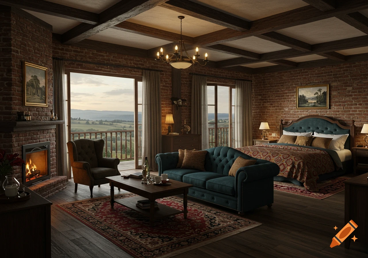 Rustic hotel suite with a bed, sofa, fireplace, and balcony overlooking a valley.