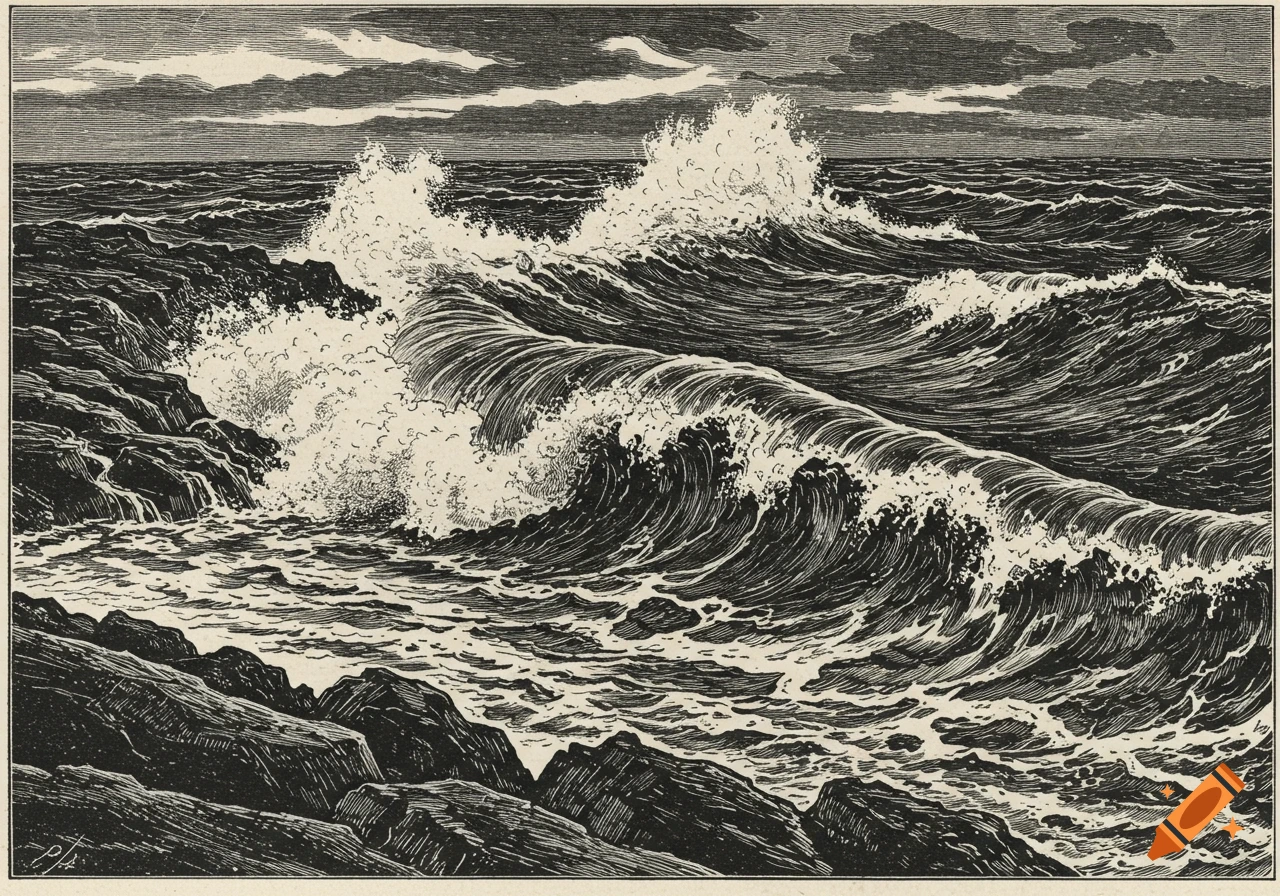 Black and white illustration of large waves crashing on rocks.