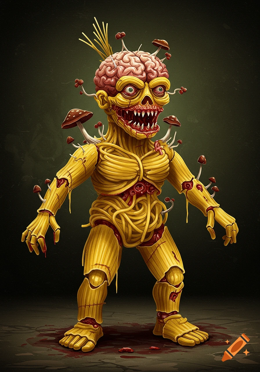 A grotesque monster figure made of yellow pasta, with an exposed brain head, mushrooms, and blood.