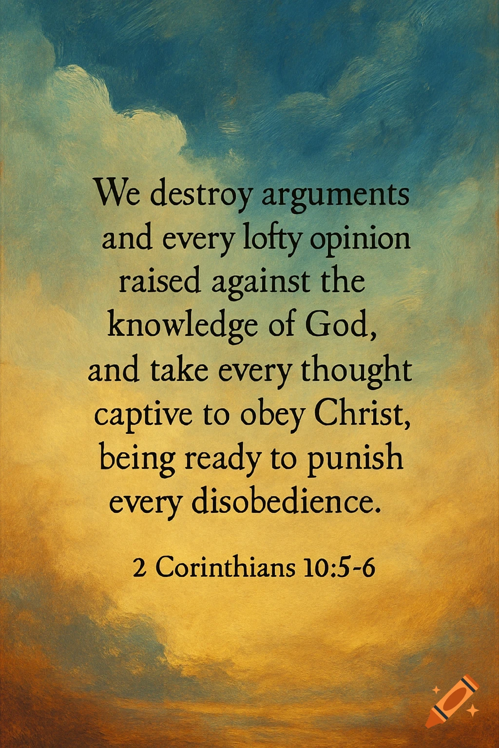 Bible verse from 2 Corinthians 10:5-6 on a painterly sky background.