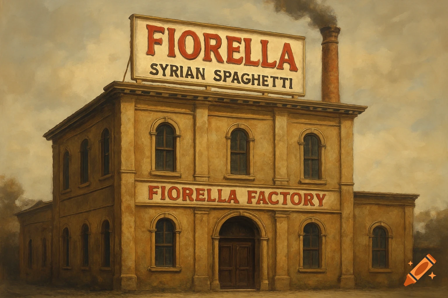 Painting of an old Fiorella Syrian Spaghetti factory building with signs and smokestack.