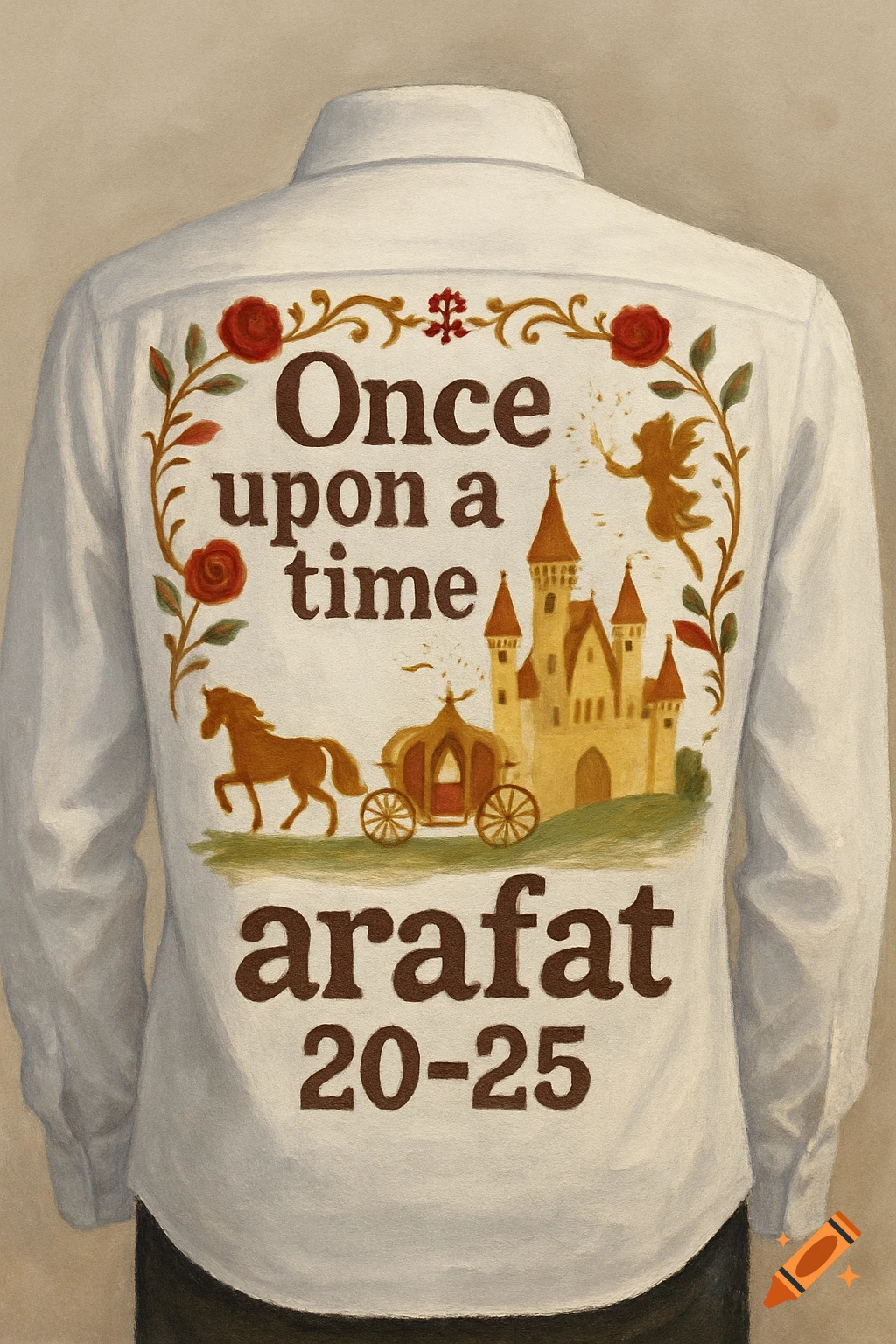 Back of a white shirt with a fairy tale design featuring a castle, carriage, fairy, roses, and text.